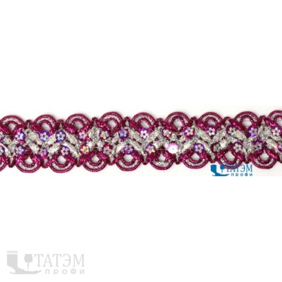 Тесьма отделочная 37 мм, арт.13-3546, серебро/малина, уп. 15 ярд