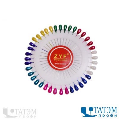 Булавки на пластине 40 мм, диам. 0,6 мм (40 шт) "капелька" цветные