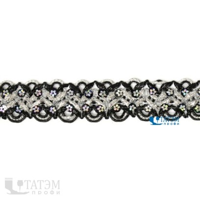 Тесьма отделочная 37 мм, арт.13-3546, серебро/черный, уп. 15 ярд