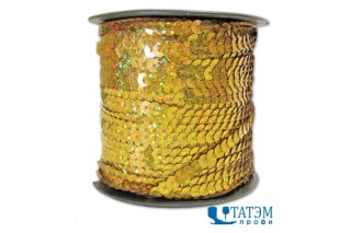 Тесьма с пайетками диам. 6 мм, В 16 золото, уп. 100 ярд