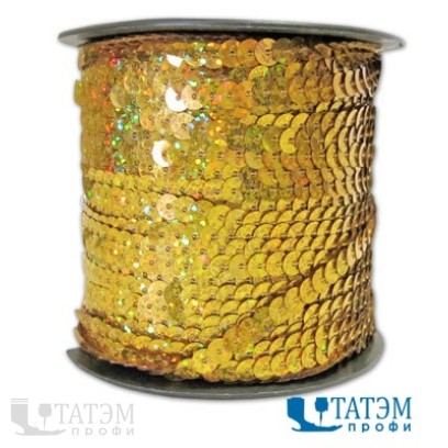 Тесьма с пайетками диам. 6 мм, В 16 золото, уп. 100 ярд