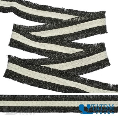 Тесьма с бахромой тканая 30 мм, арт. TBYF08, белый/черный уп. 13,71 м